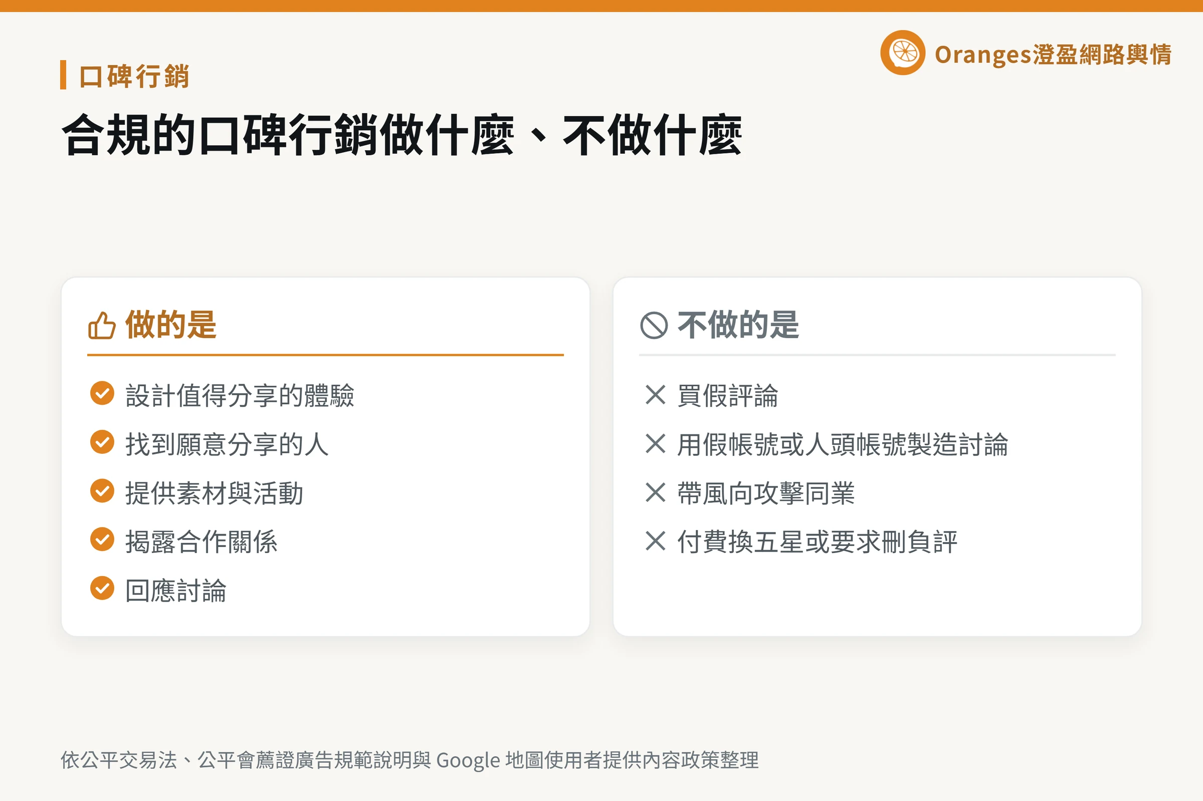 口碑行銷合規界線資訊圖，左欄列出做的 5 件事，右欄列出不做的 4 件事